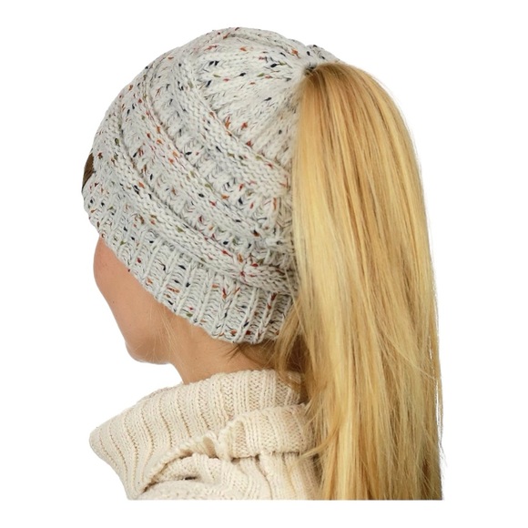 C.C Ponytail Beanie - One Size, Confetti Ivory - Picture 2 of 7